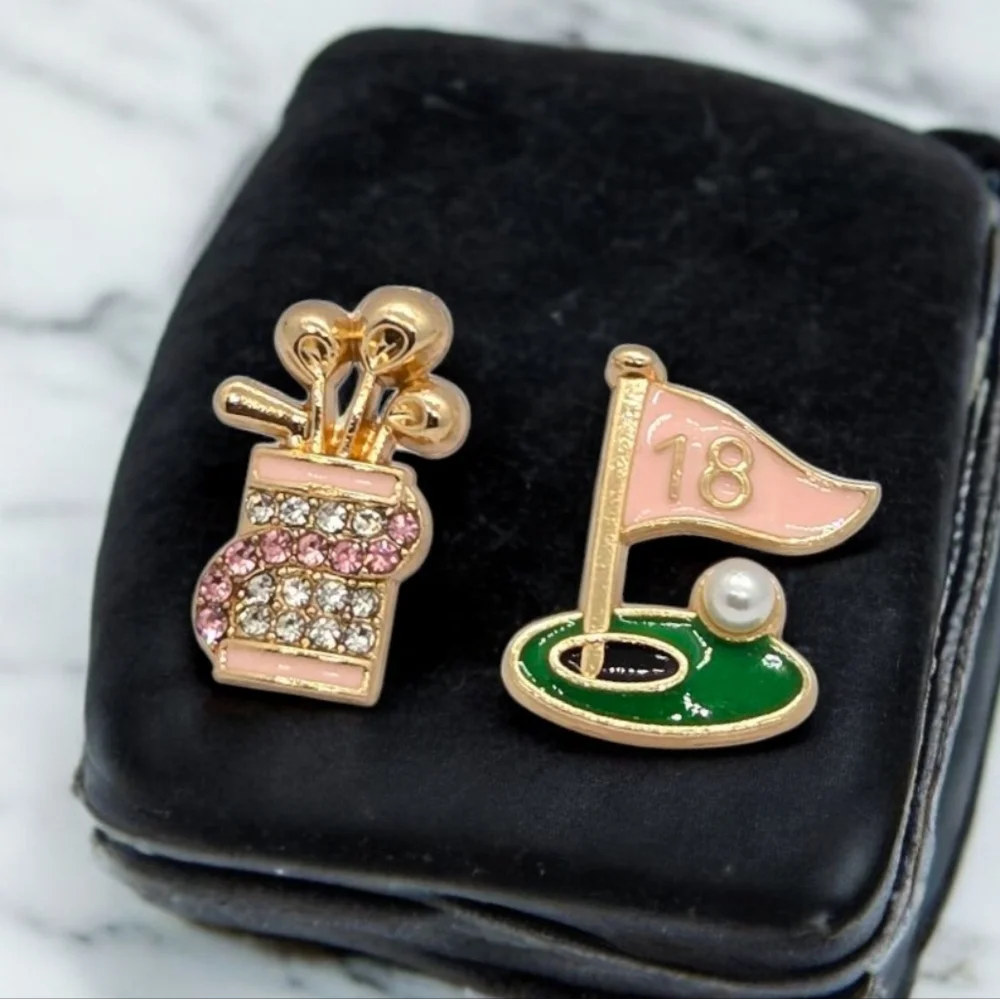 Golf Stud Earrings Pink Rhinestone Caddy Bag 18th Hole Flag Pearl Golfer Gift